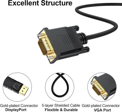 DisplayPort to VGA Cable 6FT 2-Pack, 1080P@60Hz Male to Male Video Cord | Unidirectional, No audio, Multi-shielded design, Compatible with Computer, Monitor, TV, Projector and More in Kuwait