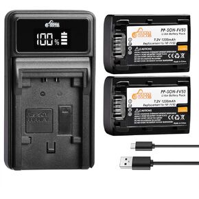 NP-FV50، مجموعة بطارية وشاحن Pickle Power 2 Pack متوافقة مع Sony NP-FV30، NP-FV40، NP-FV50، FDR-AX53 HDR-CX230 HDR-CX220 CX330 CX380 CX455 CX900 CX290 CX430V PJ200 TD30V كاميرا الفيديو والمزيد in Kuwait
