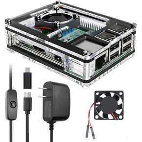Miuzei Raspberry Pi 3 B+ Case with Fan Cooling Pi 3B Case with 3 Pcs Heat-Sinks 5V 3A Power Supply for Raspberry Pi 3 B+ (B Plus) 3B (No Raspberry Pi Board)