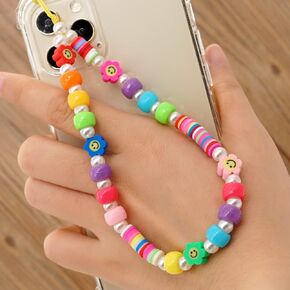 Phone Charm Strap, Beaded Phone Strap for Women Teen Girls Evil Eye Letter Pearl Rainbow Colorful Acrylic Beads Cell Phone Lanyard Anti-Lost Phone String Phone Chain Y2K Keychain Charm