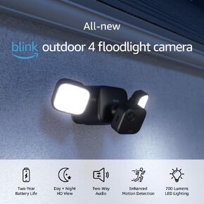 Blink Outdoor 4 Floodlight Camera (newest model), Wire-free smart security camera, 700 lumens, two-year battery life, HD live view, enhanced motion detection, Works with Alexa- 1 camera system
