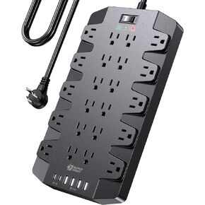 Power Strip, SUPERDANNY 2100J Surge Protector with 22 Outlets, 2 USB-C and 4 USB-A, 6.5Ft Flat Plug Heavy Duty Extension Cord (1875W/15A), Wall Mountable for Home, Office, Dorm, Gaming Room, Black