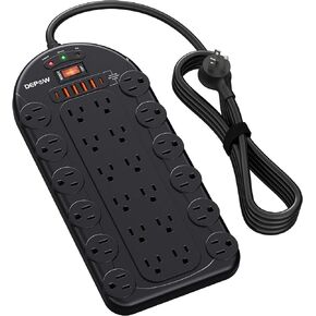 Power Strip, 24 AC Outlets (1875W/15A) with 6 USBs (2 USB-C Ports), ETL Listed, Surge Protector (3,400 Joules), 8 Ft Heavy Duty Flat Plug Extension Cord, Wall Mountable for Home, Office, Black