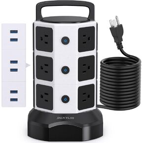 【10ft】 Power Strip Tower JACKYLED Surge Protector Electric Charging Station with 13A 12 Outlets 6 USB Ports Heavy Duty Extension Cord for Home Office Computer Nightstand Laptop Phone White Black