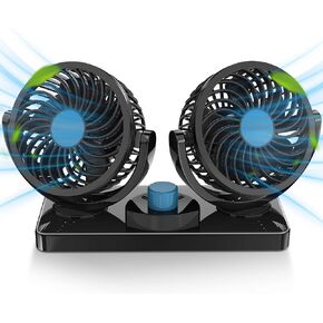 FiveJoy 360 Degree Rotatable Car Fan - 12V DC Electric 2 Speed Dual Head Fans, Quiet Strong Dashboard Cooling Air Circulator Fan for Sedan SUV RV Boat Auto Vehicles Golf or Home in Kuwait