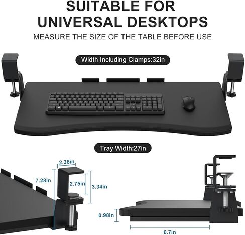 LETIANPAI Keyboard Tray Under Desk,Pull Out Keyboard & Mouse Tray with Heavy-Duty C Clamp Mount,27(32 Including Clamps)x11.8 in Slide Out Platform Computer Drawer,Suitable for home work or office work in Saudi Arabia