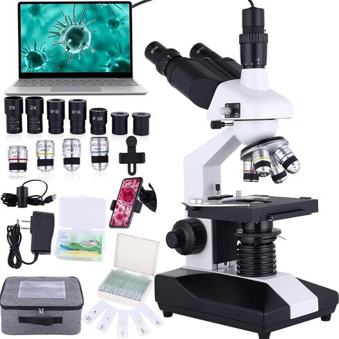 Herwicm Compound Trinocular Microscope 40X-2500X Magnification, Research Grade Professional Microscope, Two Tier Mechanical Stage LED Illuminated Abbe Microscope, Adult Microscope with USB Camera and in Saudi Arabia