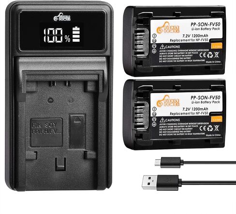 NP-FV50، مجموعة بطارية وشاحن Pickle Power 2 Pack متوافقة مع Sony NP-FV30، NP-FV40، NP-FV50، FDR-AX53 HDR-CX230 HDR-CX220 CX330 CX380 CX455 CX900 CX290 CX430V PJ200 TD30V كاميرا الفيديو والمزيد in Saudi Arabia