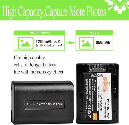 NP-FV50، مجموعة بطارية وشاحن Pickle Power 2 Pack متوافقة مع Sony NP-FV30، NP-FV40، NP-FV50، FDR-AX53 HDR-CX230 HDR-CX220 CX330 CX380 CX455 CX900 CX290 CX430V PJ200 TD30V كاميرا الفيديو والمزيد in Saudi Arabia