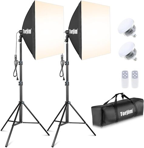 طقم إضاءة Torjim Softbox، طقم إضاءة تصوير احترافي مقاس 27 بوصة × 27 بوصة مع مصابيح LED 2X 85W 3000-7500K E26، طقم نظام إضاءة مستمر للصور والمنتج وتسجيل الفيديو والتصوير الفوتوغرافي in Kuwait