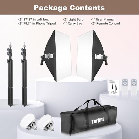 طقم إضاءة Torjim Softbox، طقم إضاءة تصوير احترافي مقاس 27 بوصة × 27 بوصة مع مصابيح LED 2X 85W 3000-7500K E26، طقم نظام إضاءة مستمر للصور والمنتج وتسجيل الفيديو والتصوير الفوتوغرافي in Kuwait