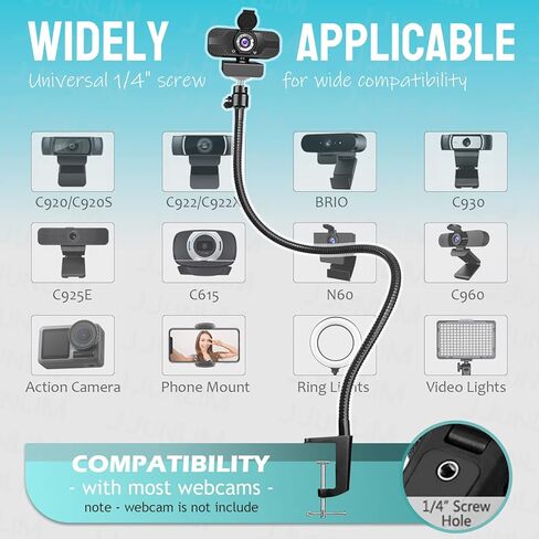 جونليم حامل كاميرا ويب وحامل جوال 27 انش - حامل مرن معزز بمشبك تثبيت على المكتب لكاميرا ويب لوجيتك C920، C930e، C930، C922x، C922، بريو 4K، C925e، C615 in Kuwait