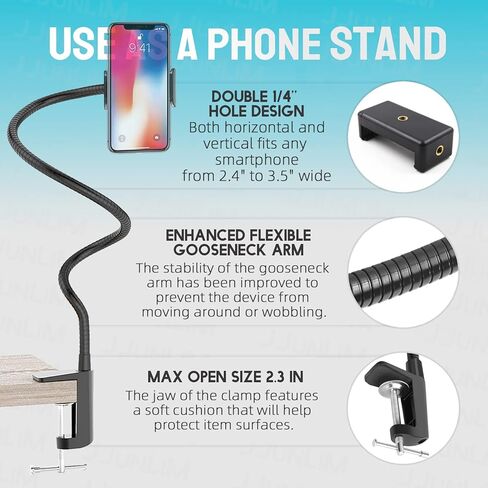 جونليم حامل كاميرا ويب وحامل جوال 27 انش - حامل مرن معزز بمشبك تثبيت على المكتب لكاميرا ويب لوجيتك C920، C930e، C930، C922x، C922، بريو 4K، C925e، C615 in Kuwait