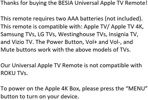 Universal Replacement Remote for Apple TV 4K/ Gen 1 2 3 4/ HD A2843 A2737 A2169 A1842 A1625 A1427 A1469 A1378 A1218, No Voice Command Included in Kuwait