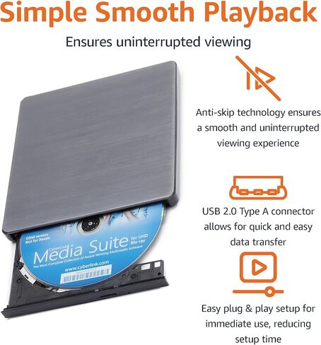 Amazon Basics External Ultra HD Blu-ray 6X Burner With CyberLink Media Suite, CD DVD BD DL BDXL Discs, 5.7 x 6.1 x 0.6 inches in Saudi Arabia