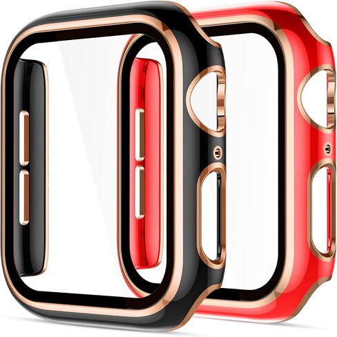 Charlam متوافق مع حافظة ساعة Apple مقاس 44 مم SE Series 6 5 4 مع واقي شاشة من الزجاج المقوى، عبوتان من غطاء الحماية الشامل الأنيق، حافة ذهبية وردية سوداء وحافة ذهبية وردية بيضاء ممتصة للصدمات in Saudi Arabia