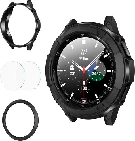 Goton 3 in 1 Accessories for Samsung Galaxy Watch 4 46mm, 1 Rugged TPU Armor Bumper Case +2 Tempered Glass Screen Protector Films + 1 Bezel Ring for Galaxy Watch 4 46mm in Kuwait