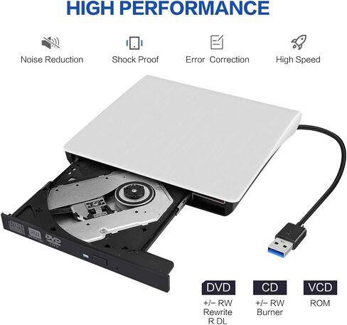 External CD/DVD Drive for Laptop, USB 3.0 Ultra-Slim Portable Burner Writer Compatible with Mac MacBook Pro/Air iMac Desktop Windows 7/8/10/XP/Vista (White) (7 in 1 Drive) in Kuwait