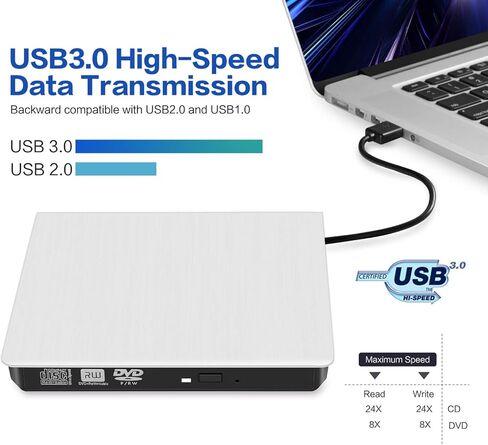 External CD/DVD Drive for Laptop, USB 3.0 Ultra-Slim Portable Burner Writer Compatible with Mac MacBook Pro/Air iMac Desktop Windows 7/8/10/XP/Vista (White) (7 in 1 Drive) in Kuwait