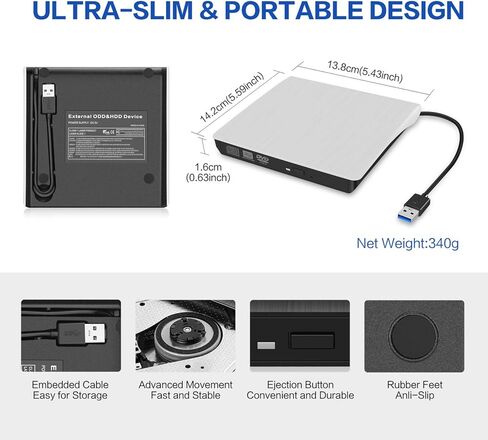 External CD/DVD Drive for Laptop, USB 3.0 Ultra-Slim Portable Burner Writer Compatible with Mac MacBook Pro/Air iMac Desktop Windows 7/8/10/XP/Vista (White) (7 in 1 Drive) in Kuwait