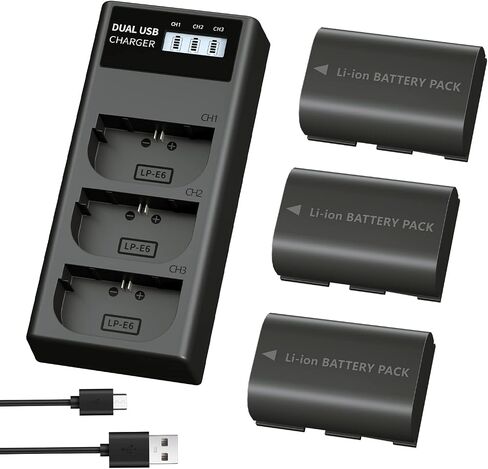 LP LP-E6 LPE6N Battery Charger Pack, 3-Pack Battery+Triple Slot Charger | Compatible with Canon EOS R6 R5 R 90D 80D 70D 60D 60DA 6D 6D Mark II 5D Mark II/III/IV 5DS 5DS R 7D 7D Mark II XC15 XC10 4K6K in Saudi Arabia