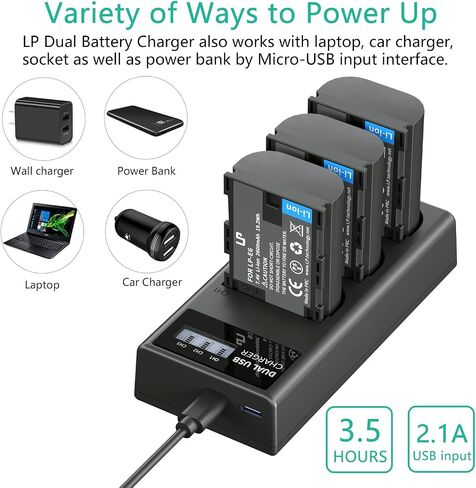 LP LP-E6 LPE6N Battery Charger Pack, 3-Pack Battery+Triple Slot Charger | Compatible with Canon EOS R6 R5 R 90D 80D 70D 60D 60DA 6D 6D Mark II 5D Mark II/III/IV 5DS 5DS R 7D 7D Mark II XC15 XC10 4K6K in Saudi Arabia
