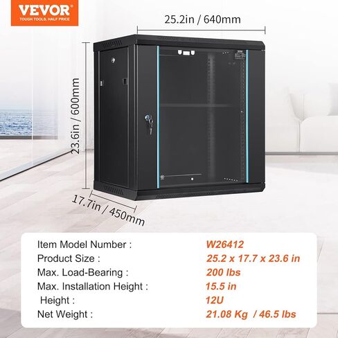 خزانة خادم شبكة VEVOR 6U مثبتة على الحائط، بعمق 15.5 بوصة، حاوية خزانة حامل الخادم، 200 رطل كحد أقصى. سعة تحميل مثبتة على الأرض، باب زجاجي مزود بقفل وألواح جانبية، لمعدات تكنولوجيا المعلومات وأجهزة الصوت والصورة in Kuwait