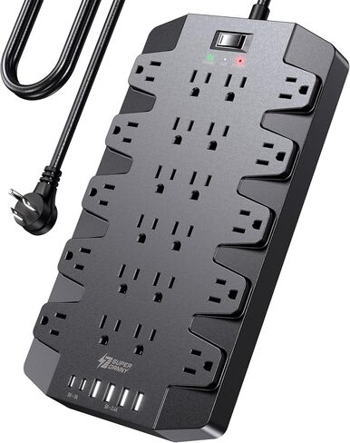 Power Strip, SUPERDANNY 2100J Surge Protector with 22 Outlets, 2 USB-C and 4 USB-A, 6.5Ft Flat Plug Heavy Duty Extension Cord (1875W/15A), Wall Mountable for Home, Office, Dorm, Gaming Room, Black in Kuwait