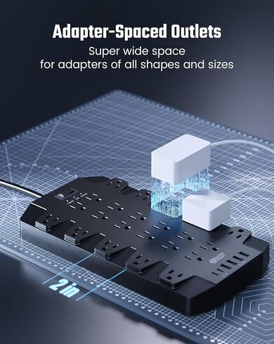 Power Strip, SUPERDANNY 2100J Surge Protector with 22 Outlets, 2 USB-C and 4 USB-A, 6.5Ft Flat Plug Heavy Duty Extension Cord (1875W/15A), Wall Mountable for Home, Office, Dorm, Gaming Room, Black in Kuwait