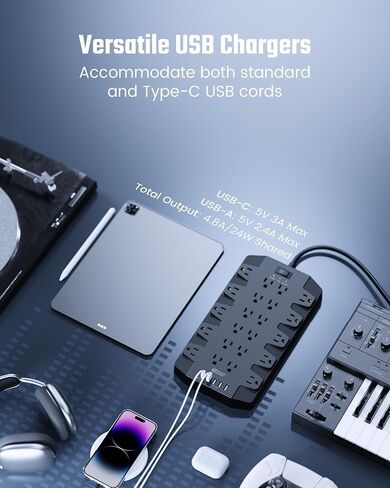 Power Strip, SUPERDANNY 2100J Surge Protector with 22 Outlets, 2 USB-C and 4 USB-A, 6.5Ft Flat Plug Heavy Duty Extension Cord (1875W/15A), Wall Mountable for Home, Office, Dorm, Gaming Room, Black in Kuwait
