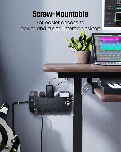 Power Strip, SUPERDANNY 2100J Surge Protector with 22 Outlets, 2 USB-C and 4 USB-A, 6.5Ft Flat Plug Heavy Duty Extension Cord (1875W/15A), Wall Mountable for Home, Office, Dorm, Gaming Room, Black in Kuwait