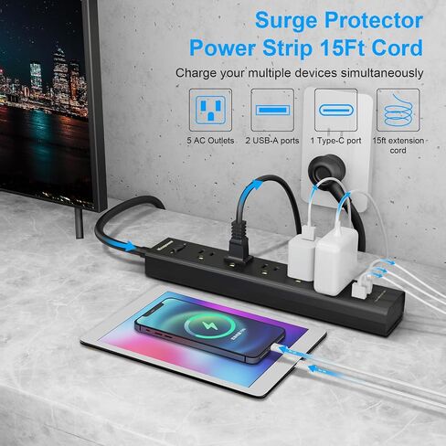 10FT Long Surge Protector Power Strip-with 5 Widely Outlets and 3 USB Ports(1 USB C Port),10 Foot Extension Cord(1250W/10A),Wall Mount for Home Office,700 J,Black(2 Pack) in Kuwait