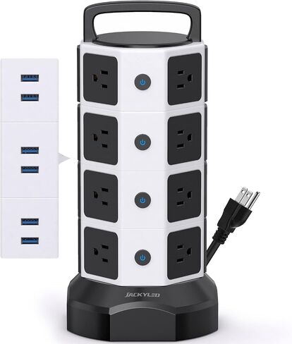 JACKYLED Power Strip Tower Surge Protector, 12 AC 6 USB (2 USB C), 1050J | 6.5Ft Retractable Extension Cord with Multiple Outlets, 1625W/13A Outlet Extender, USB Charging Station for Home Office Dorm in Kuwait