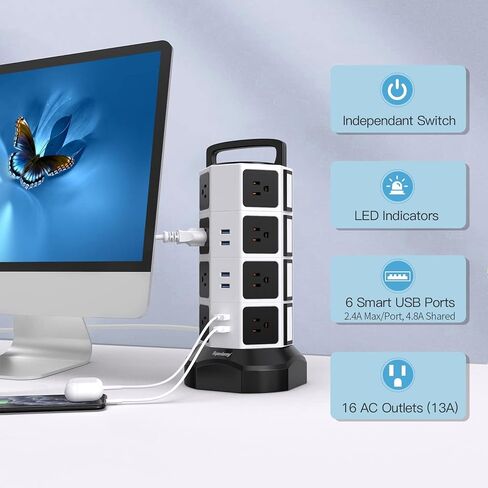 JACKYLED Power Strip Tower Surge Protector, 12 AC 6 USB (2 USB C), 1050J | 6.5Ft Retractable Extension Cord with Multiple Outlets, 1625W/13A Outlet Extender, USB Charging Station for Home Office Dorm in Kuwait