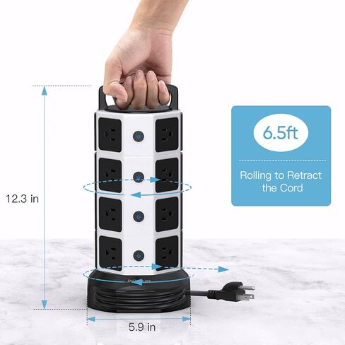 JACKYLED Power Strip Tower Surge Protector, 12 AC 6 USB (2 USB C), 1050J | 6.5Ft Retractable Extension Cord with Multiple Outlets, 1625W/13A Outlet Extender, USB Charging Station for Home Office Dorm in Kuwait