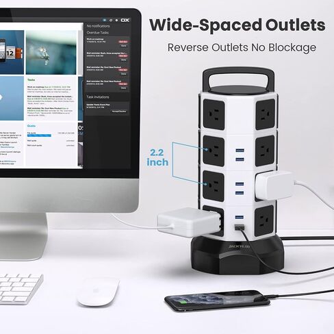 JACKYLED Power Strip Tower Surge Protector, 12 AC 6 USB (2 USB C), 1050J | 6.5Ft Retractable Extension Cord with Multiple Outlets, 1625W/13A Outlet Extender, USB Charging Station for Home Office Dorm in Kuwait