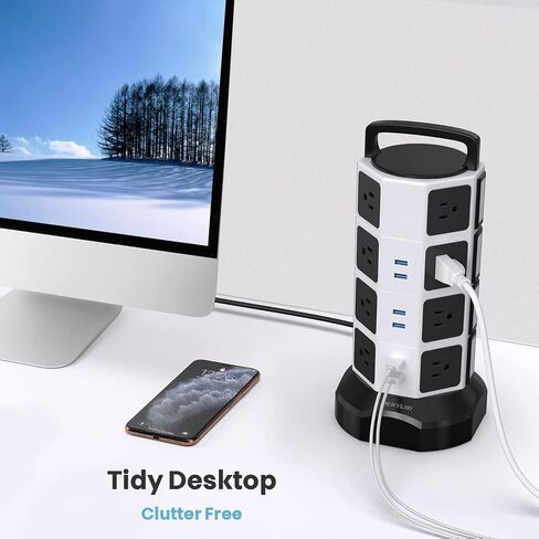 JACKYLED Power Strip Tower Surge Protector, 12 AC 6 USB (2 USB C), 1050J | 6.5Ft Retractable Extension Cord with Multiple Outlets, 1625W/13A Outlet Extender, USB Charging Station for Home Office Dorm in Kuwait