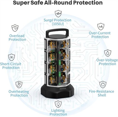 JACKYLED Power Strip Tower Surge Protector, 12 AC 6 USB (2 USB C), 1050J | 6.5Ft Retractable Extension Cord with Multiple Outlets, 1625W/13A Outlet Extender, USB Charging Station for Home Office Dorm in Kuwait