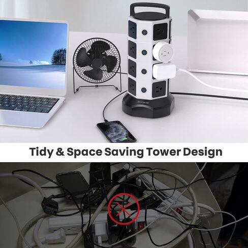JACKYLED Power Strip Tower Surge Protector, 12 AC 6 USB (2 USB C), 1050J | 6.5Ft Retractable Extension Cord with Multiple Outlets, 1625W/13A Outlet Extender, USB Charging Station for Home Office Dorm in Kuwait