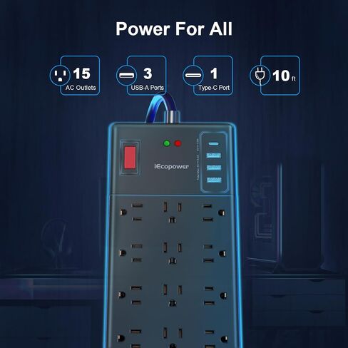 Surge Protector Power Strip 10 ft cord-15 Widely Spaced Outlets and 4 USB Ports(1 USB C Port),14 AWG Extension Cord,1875W/15A Heavy Duty Power Strip Surge Protector 10 ft Cord,2800J,Black in Kuwait