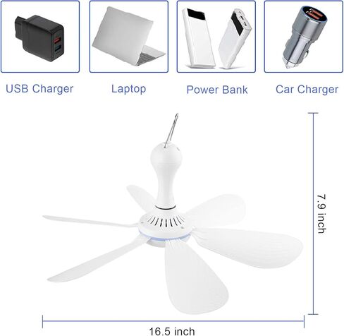 Silent USB Powered Ceiling Canopy Fan with 1m Extension Cord, Small Portable 6 blade Quiet Small DC USB Ceiling Fan Hanging Fan for Camping Bed Dormitory RV Tent Home Room in Kuwait