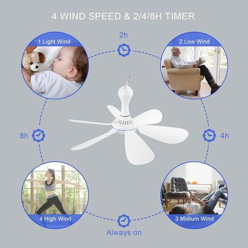 Silent USB Powered Ceiling Canopy Fan with 1m Extension Cord, Small Portable 6 blade Quiet Small DC USB Ceiling Fan Hanging Fan for Camping Bed Dormitory RV Tent Home Room in Kuwait