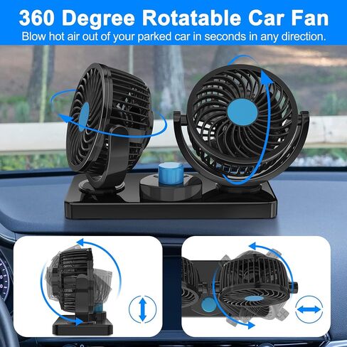 FiveJoy 360 Degree Rotatable Car Fan - 12V DC Electric 2 Speed Dual Head Fans, Quiet Strong Dashboard Cooling Air Circulator Fan for Sedan SUV RV Boat Auto Vehicles Golf or Home in Saudi Arabia