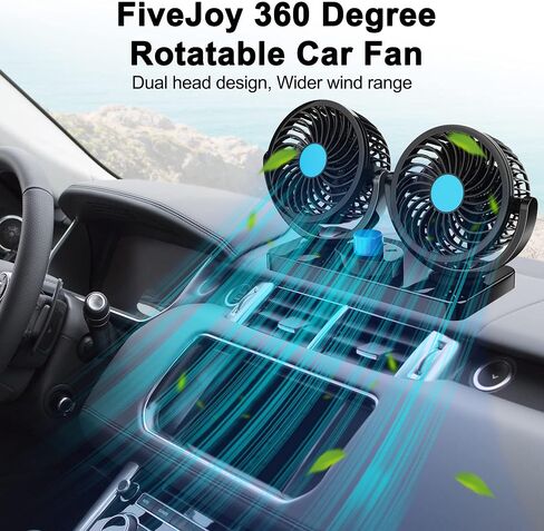 FiveJoy 360 Degree Rotatable Car Fan - 12V DC Electric 2 Speed Dual Head Fans, Quiet Strong Dashboard Cooling Air Circulator Fan for Sedan SUV RV Boat Auto Vehicles Golf or Home in Saudi Arabia