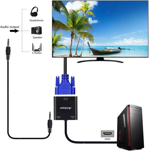 HDMI to VGA with Audio Adapter, Gold-Plated VGA to HDMI Adapter1080P Video Converter Male to Female with 3.5mm Audio Port Compatible for PC,Laptop,DVD in Kuwait