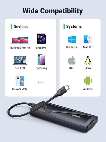 UGREEN M.2 NVMe SSD Enclosure 10Gbps USB 3.2 External NVMe M.2 SSD Enclosure Aluminum Tool-Free M.2 NVMe Case PCI-E NVMe Reader USB C Supports M and B&M Keys Size 2230/2242 /2260/2280 SSDs Black in Saudi Arabia