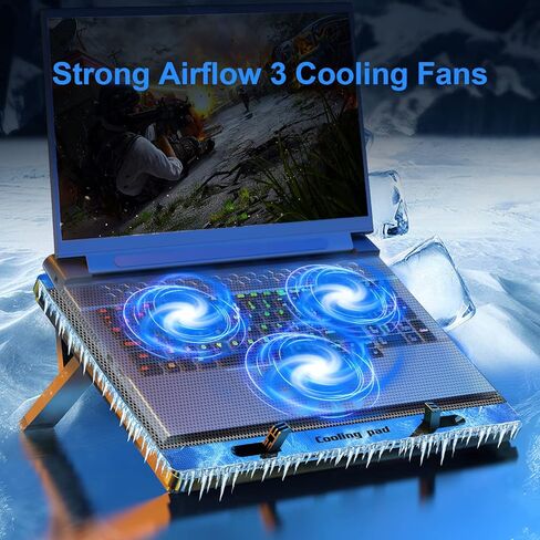 مبرد كمبيوتر محمول للألعاب من LIANGSTAR، حامل كمبيوتر محمول مع 3 مراوح تبريد هادئة مقاس 15-17.3 بوصة، مراوح تبريد مع 7 ارتفاعات قابلة للتعديل، سرعة مروحة التحكم في التبديل، 2 منافذ USB وشبكة كبيرة in Kuwait