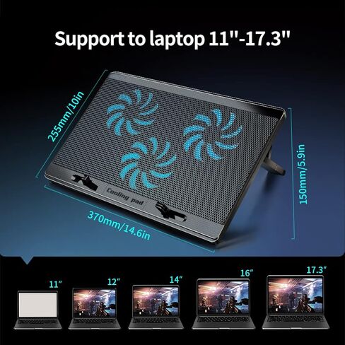 مبرد كمبيوتر محمول للألعاب من LIANGSTAR، حامل كمبيوتر محمول مع 3 مراوح تبريد هادئة مقاس 15-17.3 بوصة، مراوح تبريد مع 7 ارتفاعات قابلة للتعديل، سرعة مروحة التحكم في التبديل، 2 منافذ USB وشبكة كبيرة in Kuwait