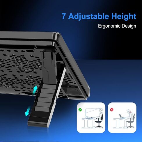 مبرد كمبيوتر محمول للألعاب من LIANGSTAR، حامل كمبيوتر محمول مع 3 مراوح تبريد هادئة مقاس 15-17.3 بوصة، مراوح تبريد مع 7 ارتفاعات قابلة للتعديل، سرعة مروحة التحكم في التبديل، 2 منافذ USB وشبكة كبيرة in Kuwait