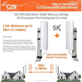 Wireless Bridge Point to Point Outdoor WiFi, Wireless Network Expansion Kit, Long Range High Speed 5G | 2 Units Bridge Kit Complete Pre-Configured - P2P 1000Mbps 5Km(2Pack) in Kuwait